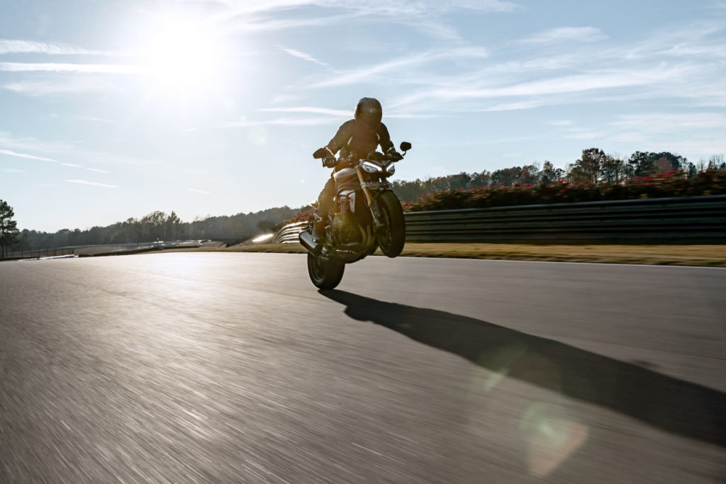 A Triumph test rider utilizing the new, more powerful engine in the 2021 Speed Triple 1200 RS at Barber Motorsports Park. Photo courtesy Triumph.