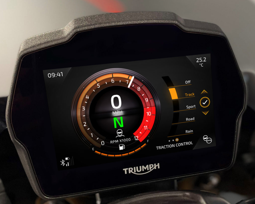 The new, five-inch TFT instrument panel on the 2021 Triumph Speed Triple 1200 RS during a Traction Control setting adjustment. Photo courtesy Triumph.