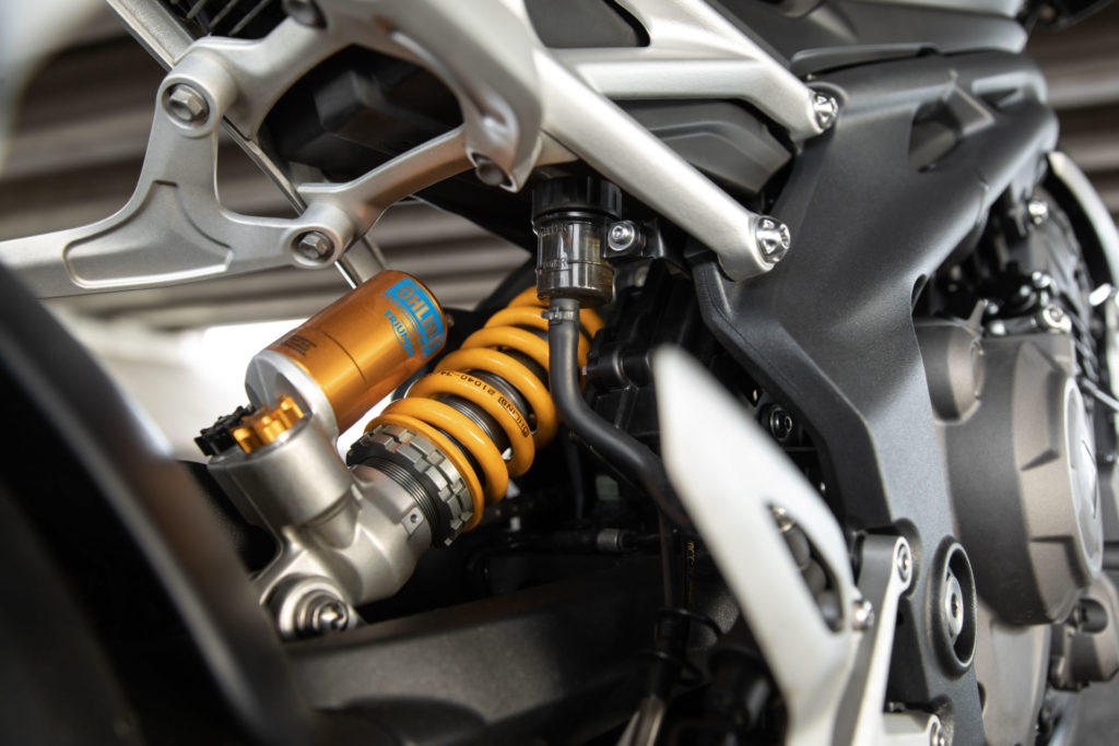 The 2021 Triumph Speed Triple 1200 RS comes with an Öhlins TTX36 rear shock. Photo courtesy Triumph.