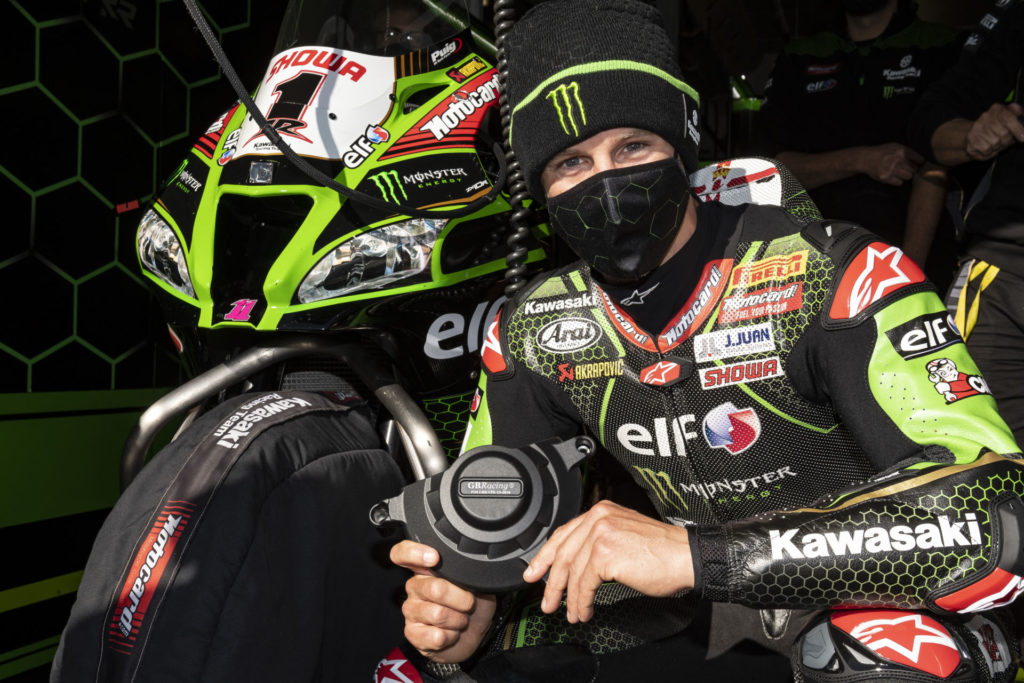 Six-time and defending FIM Superbike World Champion Jonathan Rea holding a GBRacing case guard. Photo courtesy GBRacing.