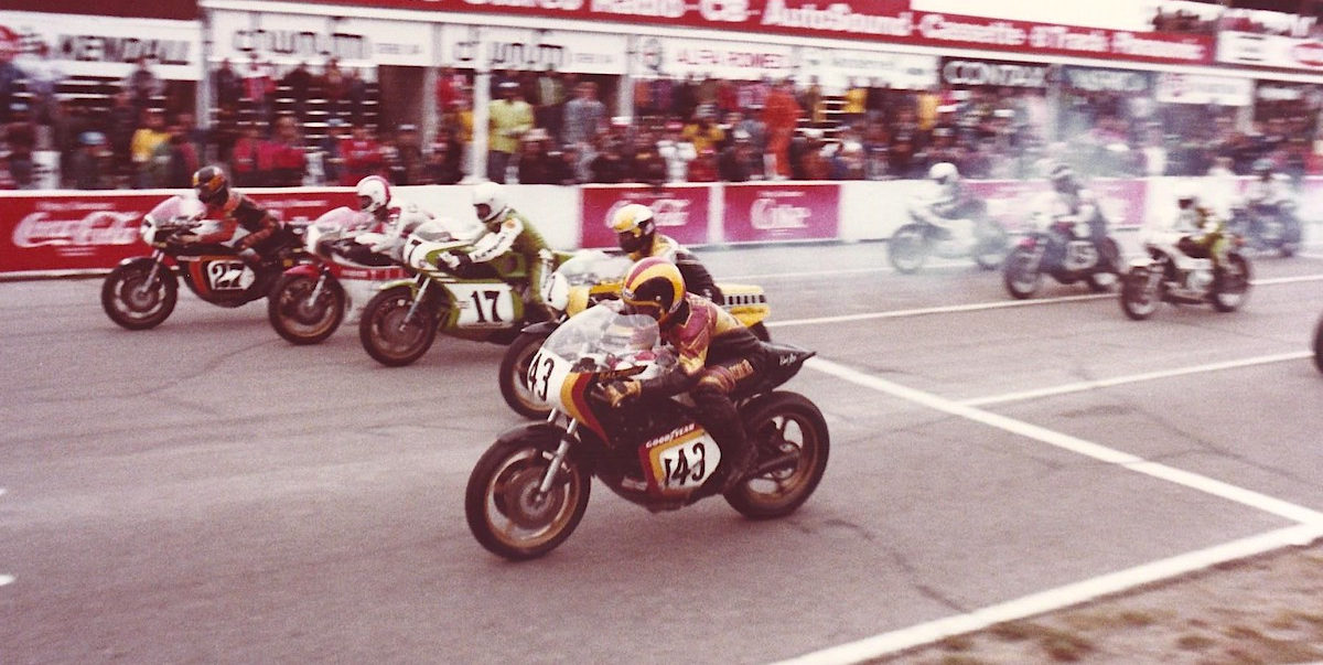 FIM Formula 750 World Championship Canadian round startline action at “old Mosport” in 1978: Skip Aksland (27), soon-to-be World Champ Johnny Cecotto (4), Yvon Duhamel (17), Kenny Roberts (2) and race winner Mike Baldwin (43). Photo courtesy CSBK/PMP.