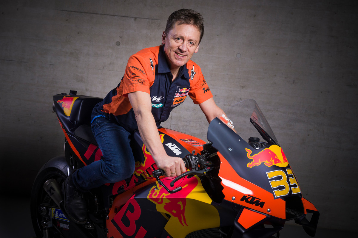 Mike Leitner, Race Manager, KTM Factory Racing, on the 2021 KTM RC16 at the world introduction of the 2021 MotoGP program. Photos by Philip Platzer, courtesy KTM Factory Racing.