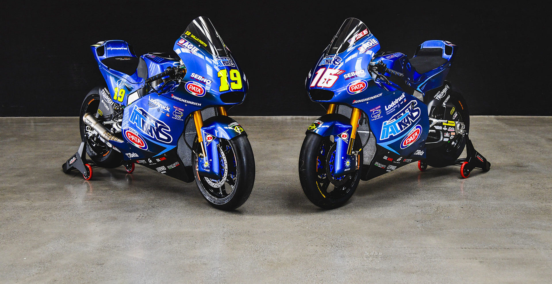 The Italtrans Racing Moto2 racebikes of Lorenzo Dalla Porta (19) and Joe Roberts (16). Photo courtesy Italtrans Racing.