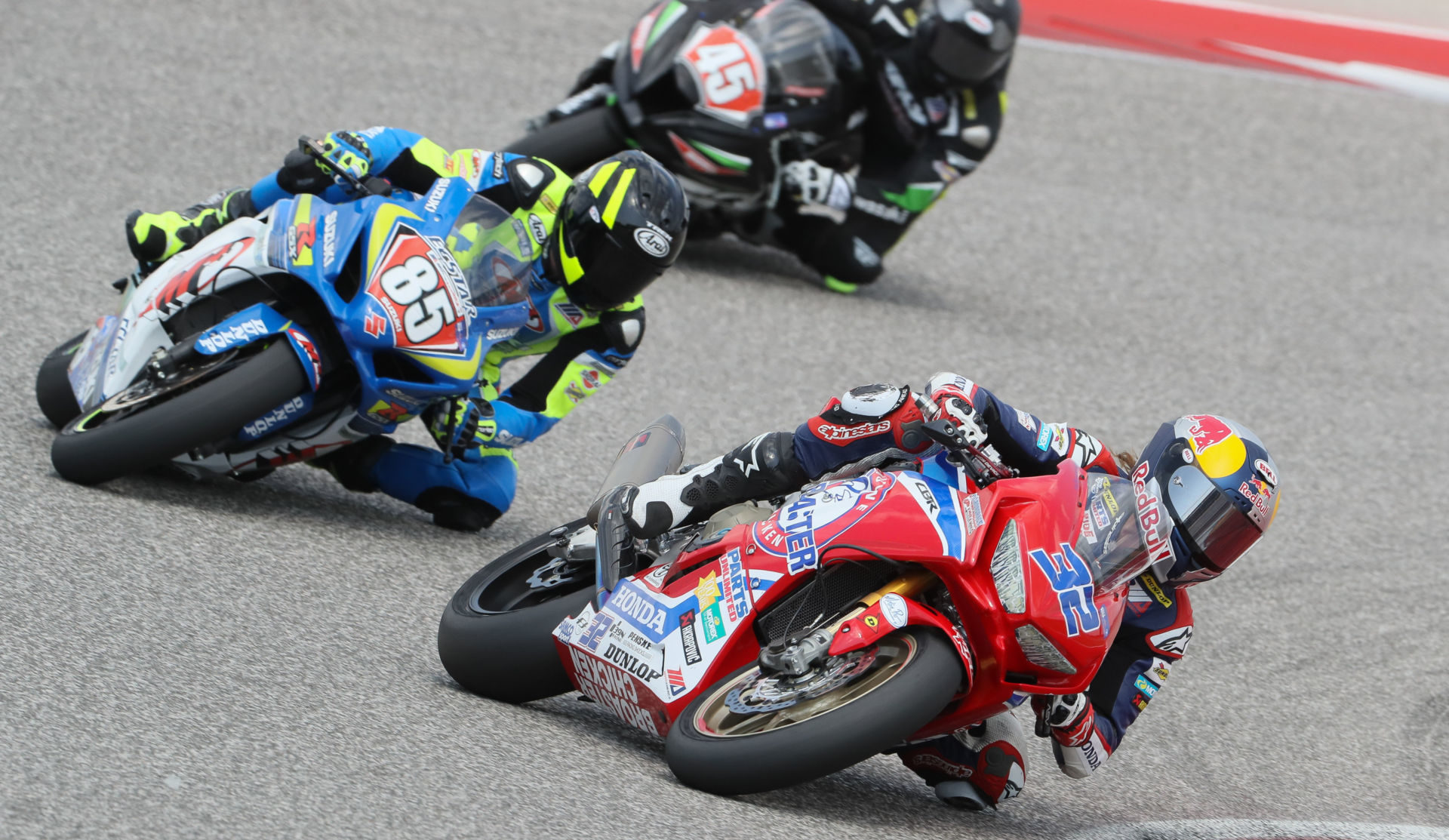 Jake Gagne (32), Jake Lewis (85), and Cameron Petersen (45) testing at Circuit of The Americas in 2017. Photo by Brian J. Nelson.