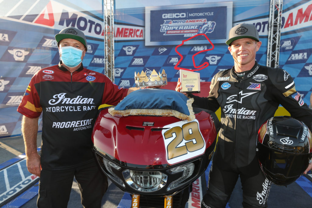 Tyler O'Hara (right) with S&S Cycle President Paul Langley (left) at Laguna Seca. Photo by Brian J. Nelson.