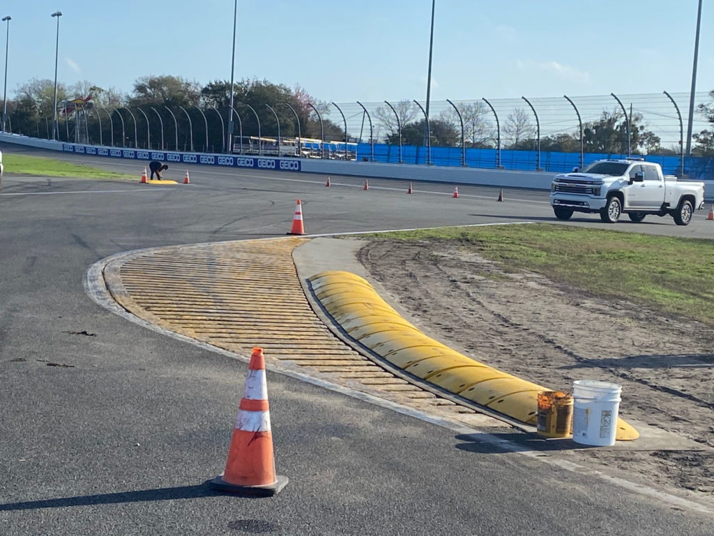 The so-called "turtle" curbing installed at the exit of the chicane at Daytona International Speedway for the February 19-21 NASCAR races on the infield road course. Photo courtesy NASCAR.