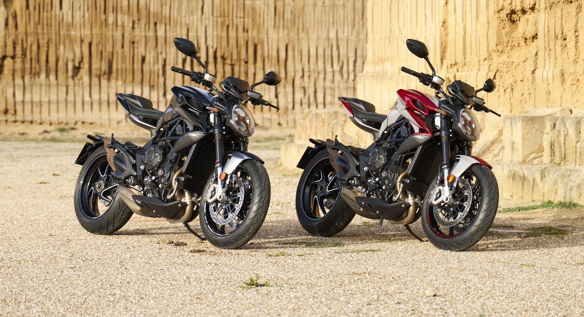 A 2021 MV Agusta Brutale RR (left) and a Brutale RR SCS (right) at rest. Photo courtesy MV Agusta.