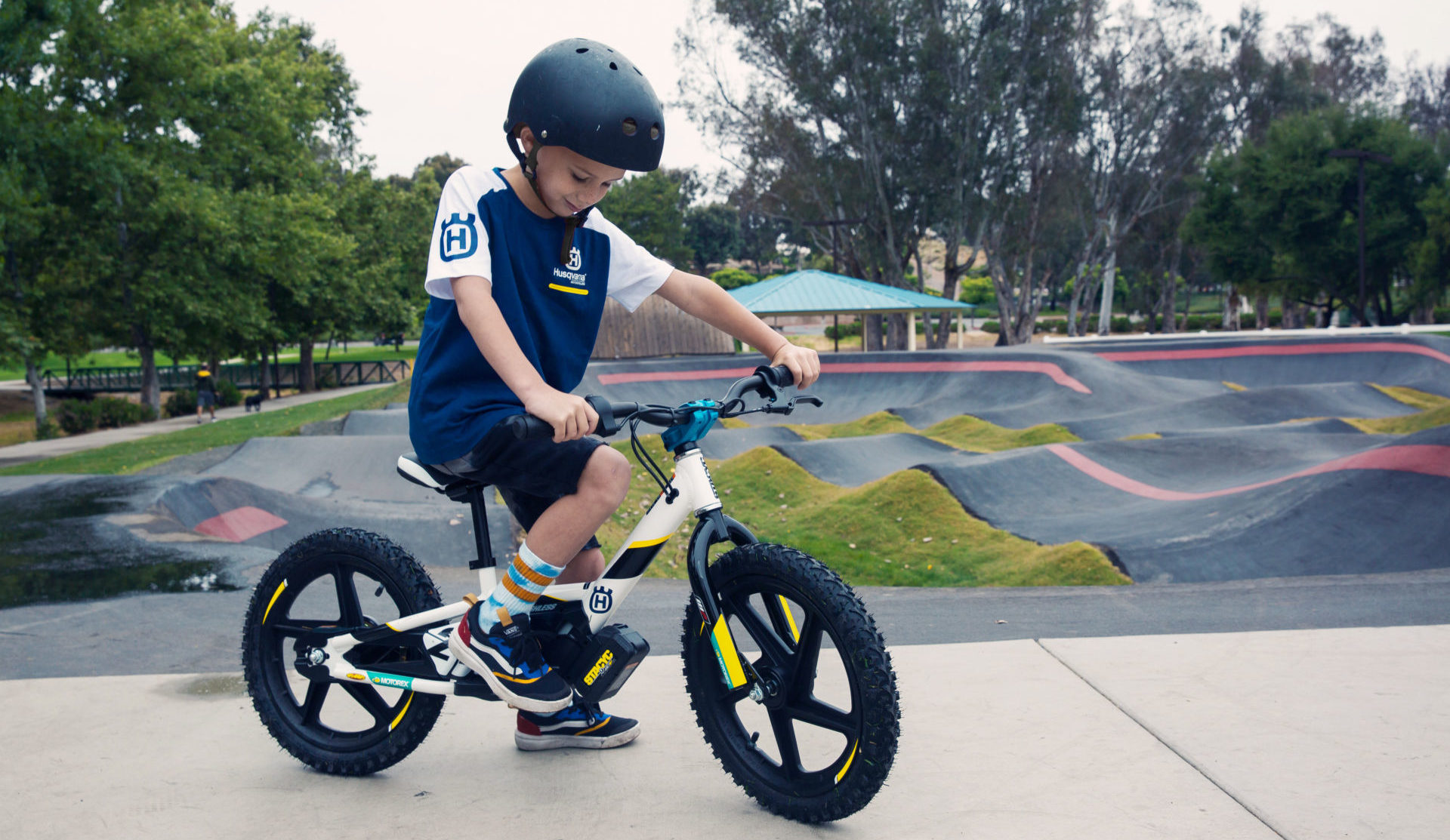 A young boy on a Husqvarna 16eDrive electric balance bike. Photo courtesy Husqvarna Motorcycles.