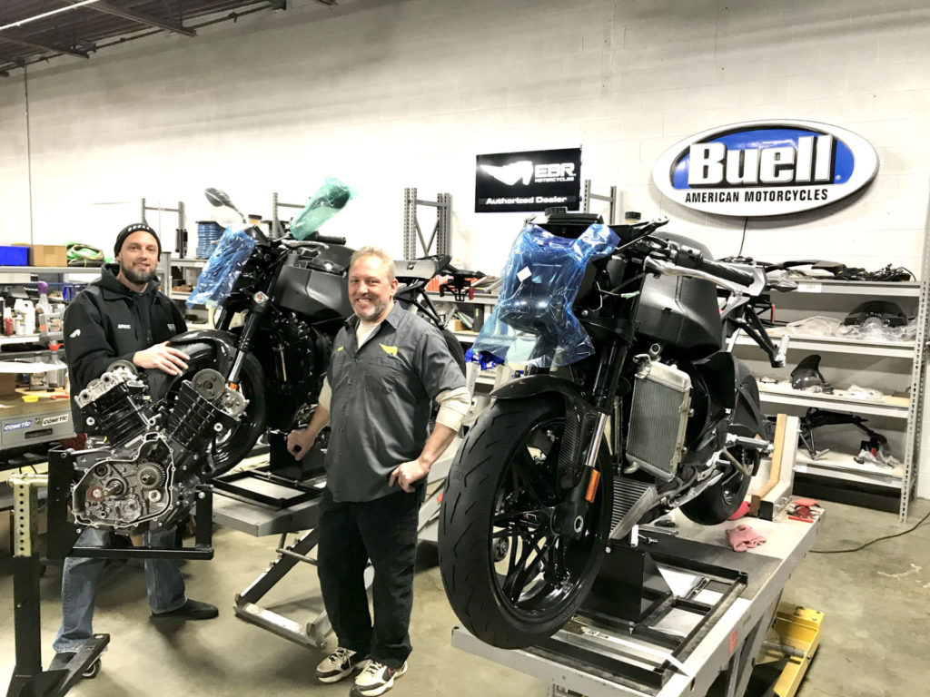 Employees assembling 2021 Buell 1190SX naked sportbikes in Grand Rapids, Michigan. Photo courtesy Buell Motorcycle.