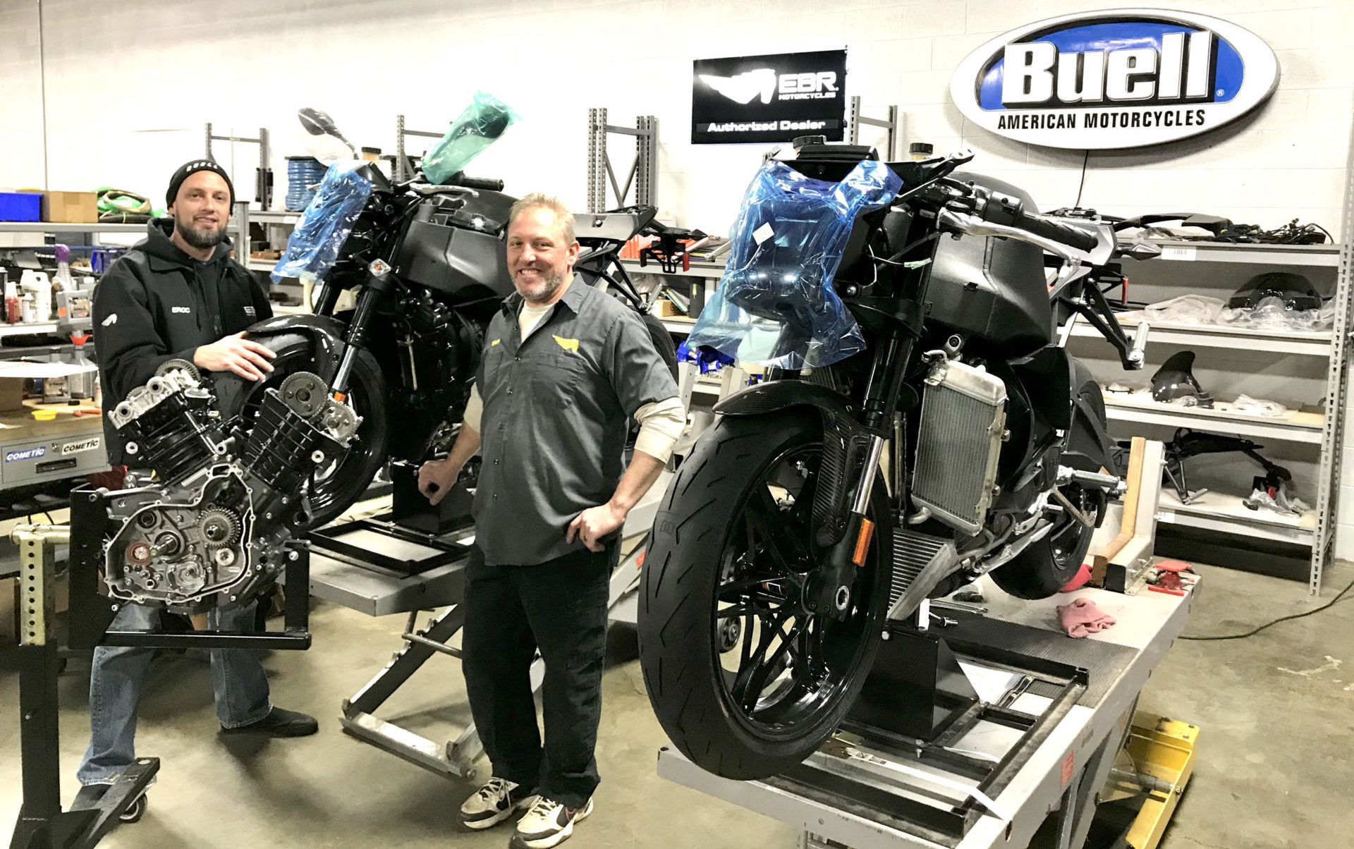 Employees assembling 2021 Buell 1190SX naked sportbikes in Grand Rapids, Michigan. Photo courtesy Buell Motorcycle.