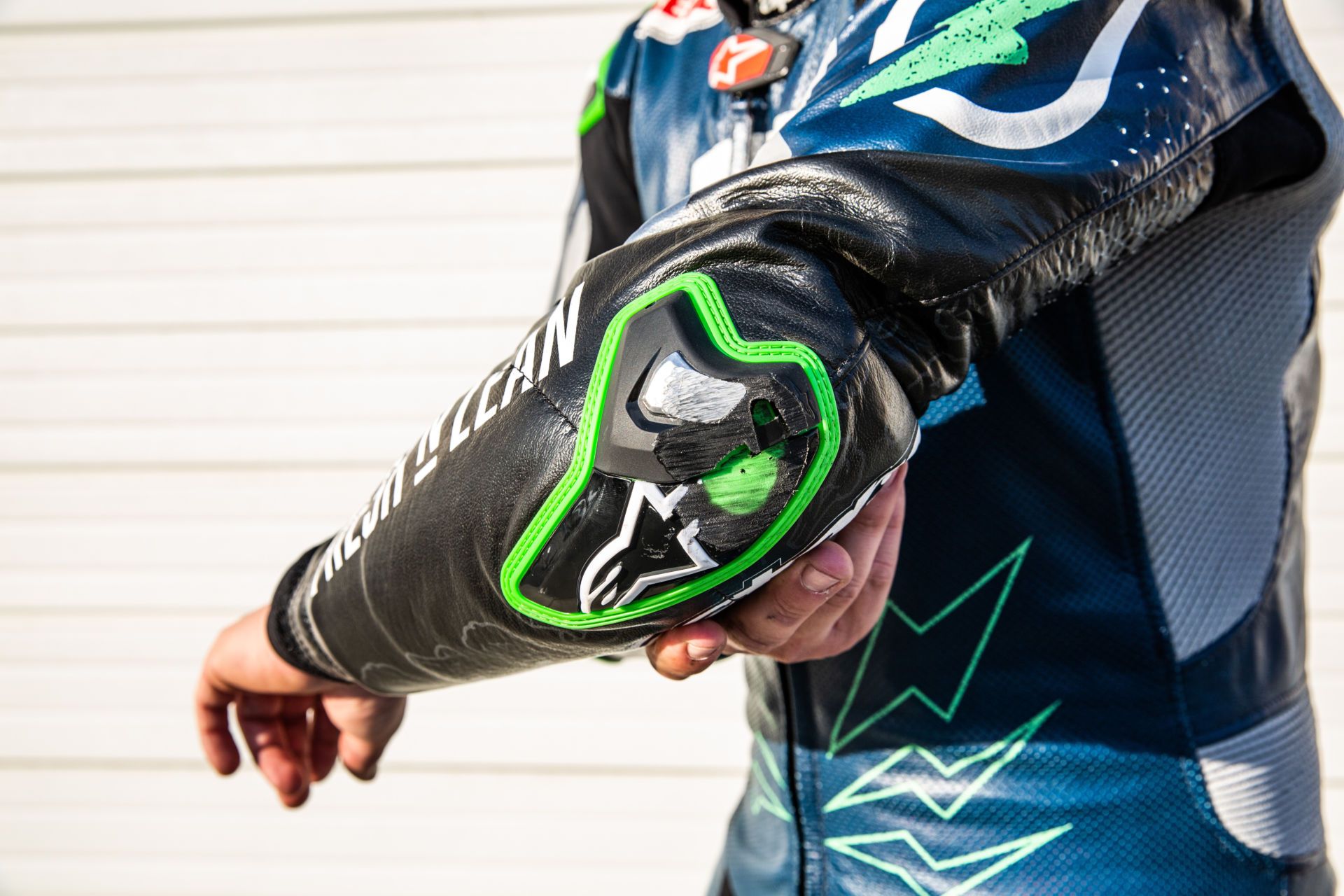 Josh Herrin's elbow slider after he established a new Guinness World Record for the fastest elbow drag while riding a motorcycle. Photo courtesy Fresh n' Lean.