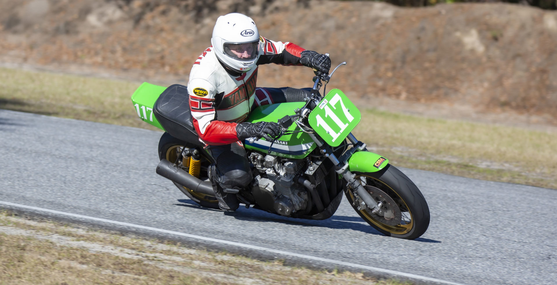 AHRMA racer David Crussell (117) on a Kawasaki 