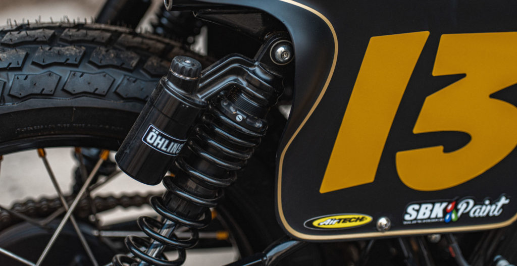 Öhlins shocks on a Royal Enfield flat track racebike. Photo courtesy Royal Enfield North America.