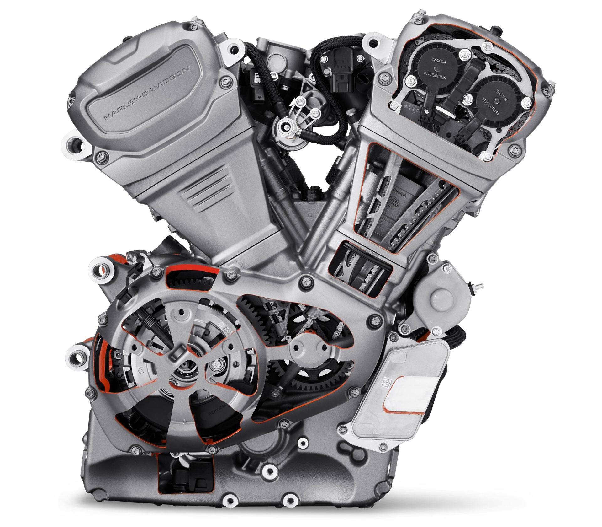 Harley-Davidson's new Revolution Max 1250 V-Twin engine with sections cut away to display the internal parts. Photo courtesy Harley-Davidson.