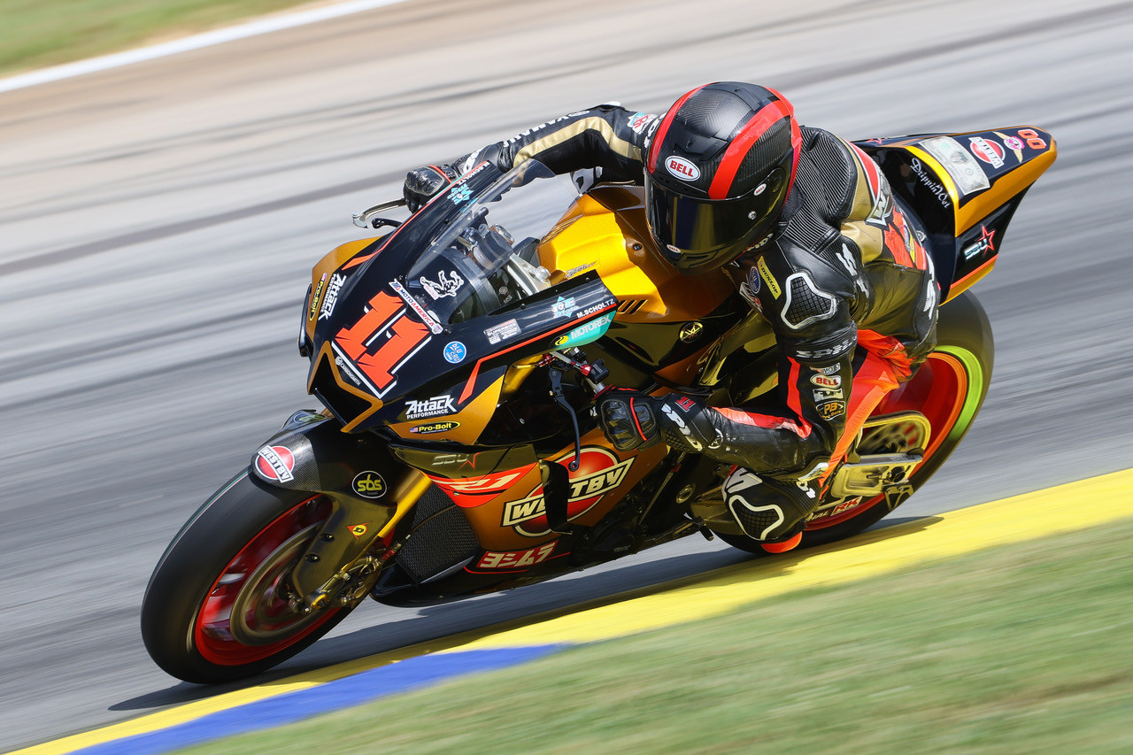 Mathew Scholtz (11) in action at Road Atlanta during the 2020 MotoAmerica season. Photo by Brian J. Nelson, courtesy Westby Racing.