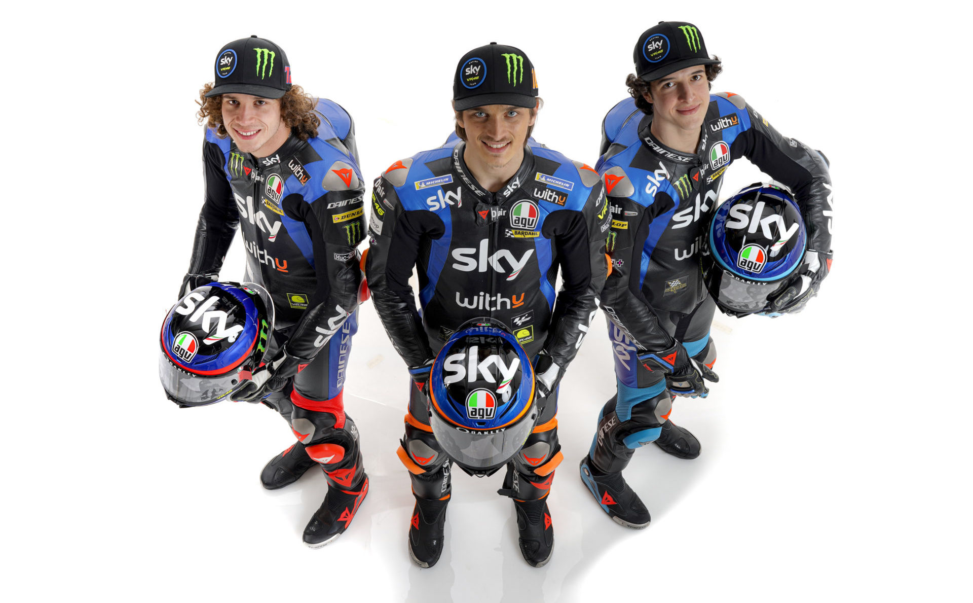 Sky Racing Team VR46 riders Marco Bezzecchi (left), Luca Marini (center), and Celestino Vietti Ramus (right). Photo courtesy Sky Racing Team VR46.