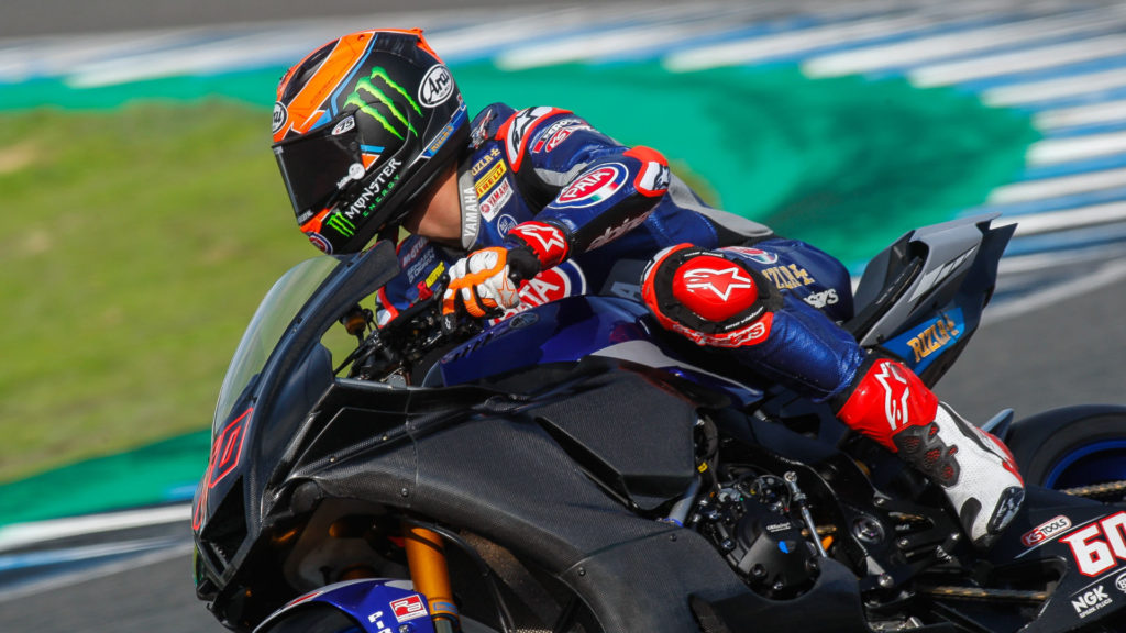 Michael van der Mark (60) during testing on his Pata Yamaha YZF-R1 World Superbike, which is fitted with a GBRacing engine case guard sporting a scuff that was probably made via contact with a curbing. Photo courtesy Dorna WorldSBK Press Office.