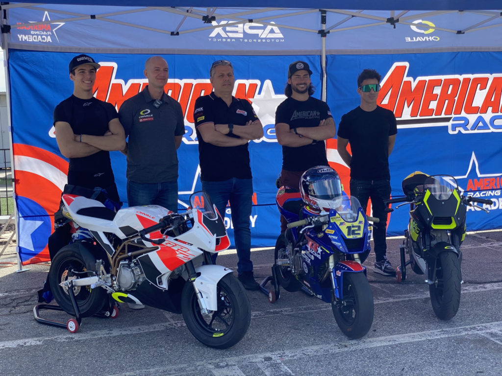 (From left) Sean Dylan Kelly, Brandon Cretu, Eitan Butbul, John Hopkins, and Toni Elias. Photo courtesy American Racing Academy.