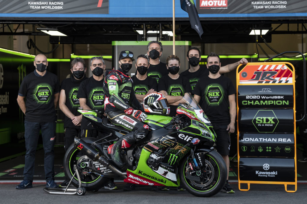 Jonathan Rea (seated on bike) won the 2020 FIM Superbike World Championship with GBRacing engine case guards on his factory Kawasaki ZX-10RR. Photo courtesy Kawasaki.