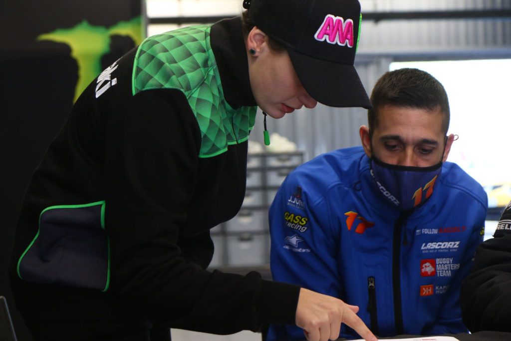 Ana Carrasco (left) working with former World Superbike racer Joan Lascorz (right). Photo courtesy Kawasaki.