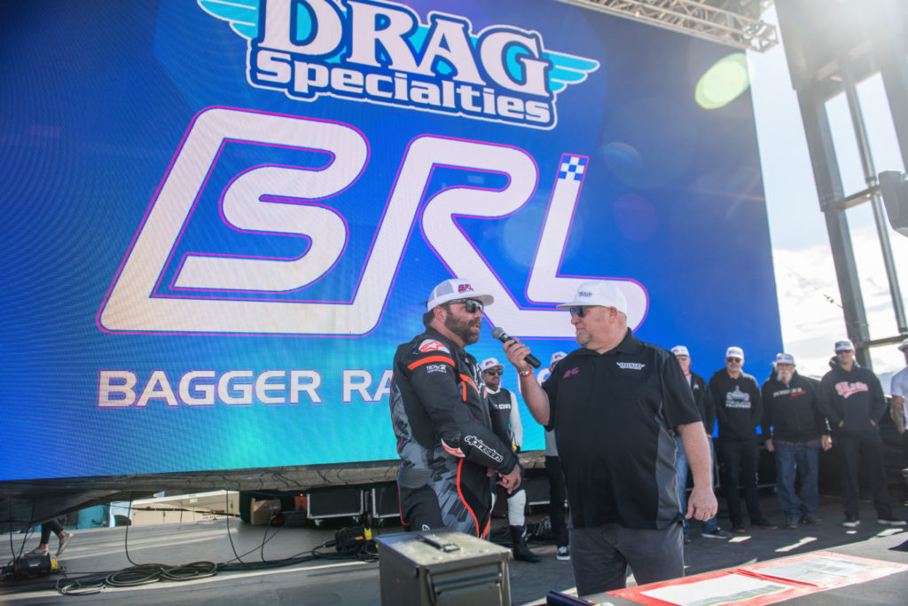 Bagger Racing League founder Rob Buydos interviews a rider at the BRL announcement event at Chuckwalla Valley Raceway. Photo by Justin George, courtesy BRL.