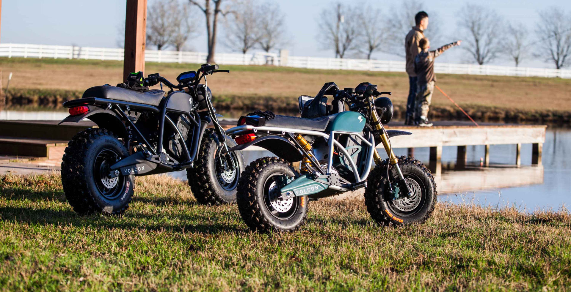 Volcon all-electric motorcycles, a Grunt (left) and the new youth model 