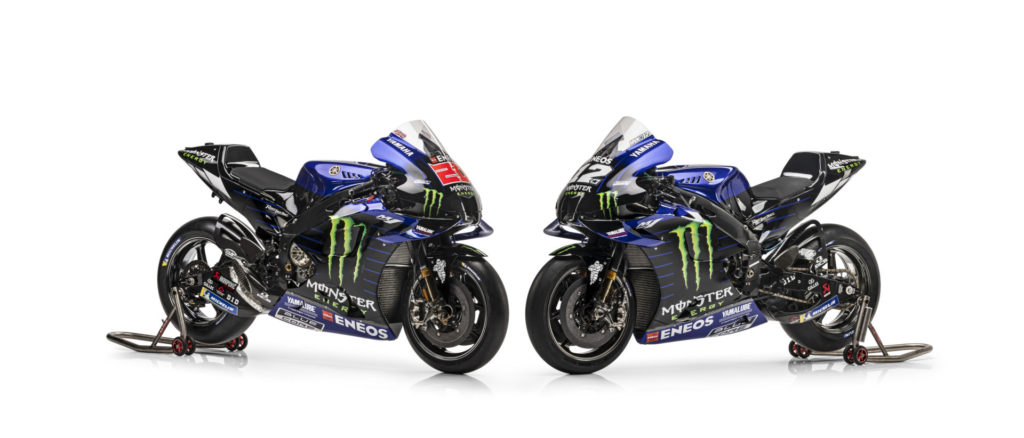 The Monster Energy Yamaha YZR-M1 racebikes of Fabio Quartararo (20) and Maverick Vinales (12). Photo courtesy Monster Energy Yamaha.