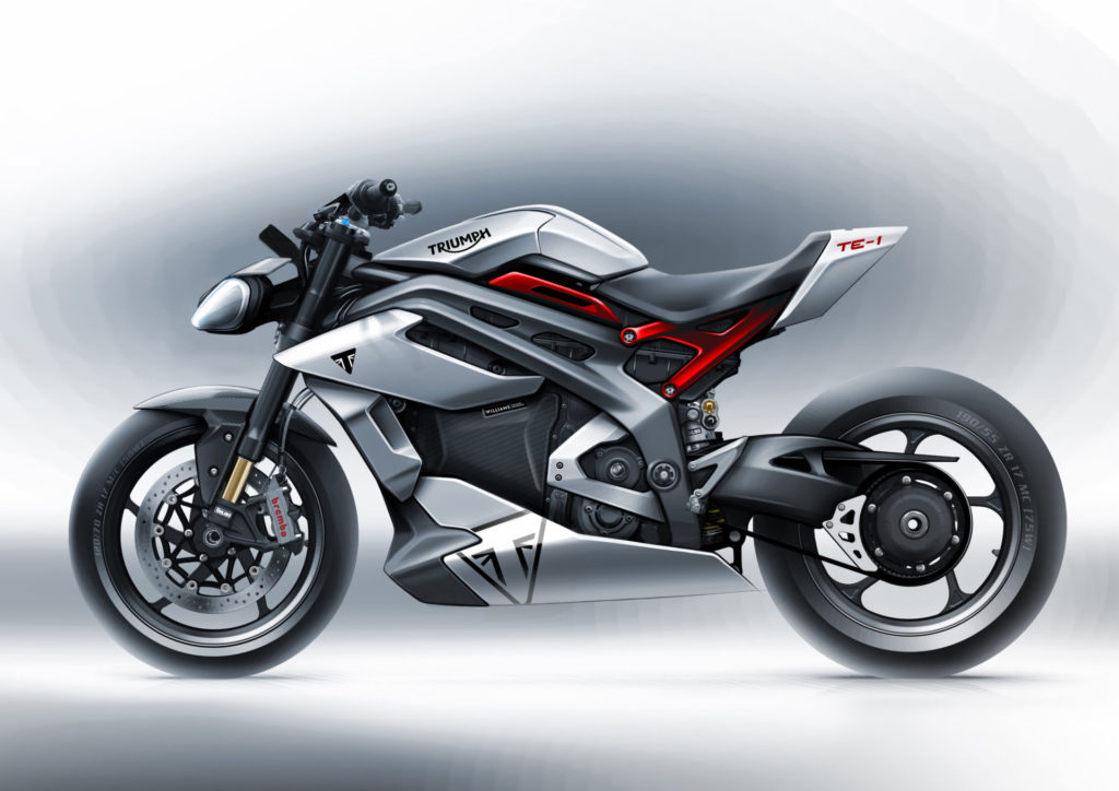 A styling sketch of the new Triumph Project TE-1 electric motorcycle. Image courtesy Triumph.