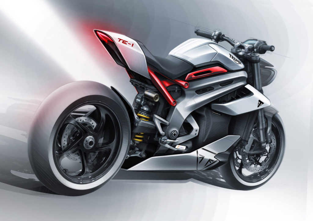 A styling sketch of the new Triumph Project TE-1 electric motorcycle. Image courtesy Triumph.