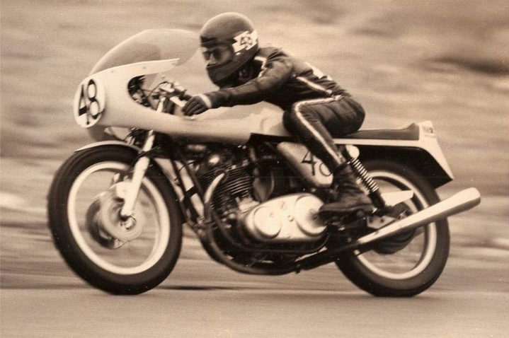 Racer Peter Frank on a Norton production-class racebike in the 1970s.