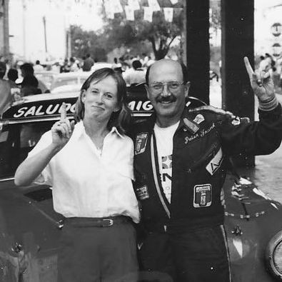 Peter and Patty Frank in 1992, after Peter won his class in the Pan-American car road race in Mexico