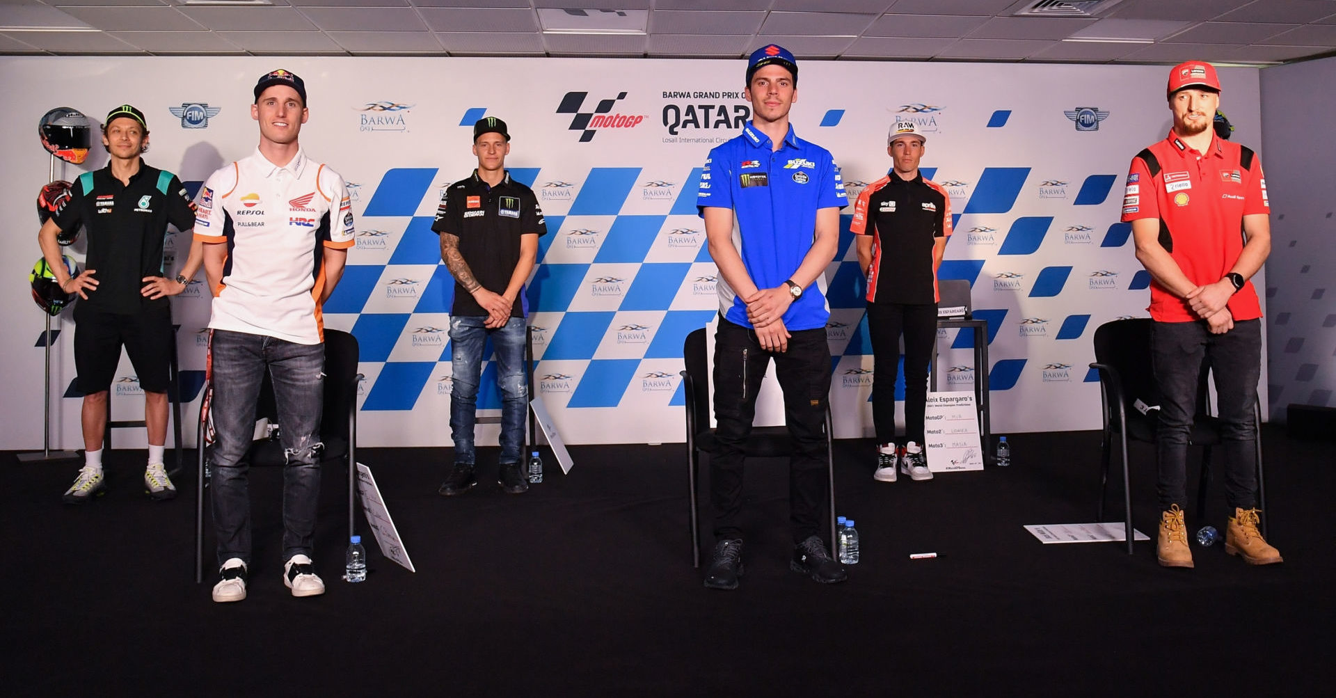 MotoGP riders (from left) Valentino Rossi, Pol Espargaro, Fabio Quartararo, joan Mir, Aleix Espargaro, and Jack Miller. Photo courtesy Dorna.