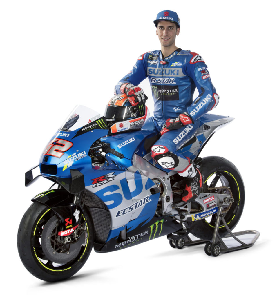 Alex Rins and his 2021 ECSTAR Suzuki GSX-RR. Photo courtesy Team Suzuki Press Office.