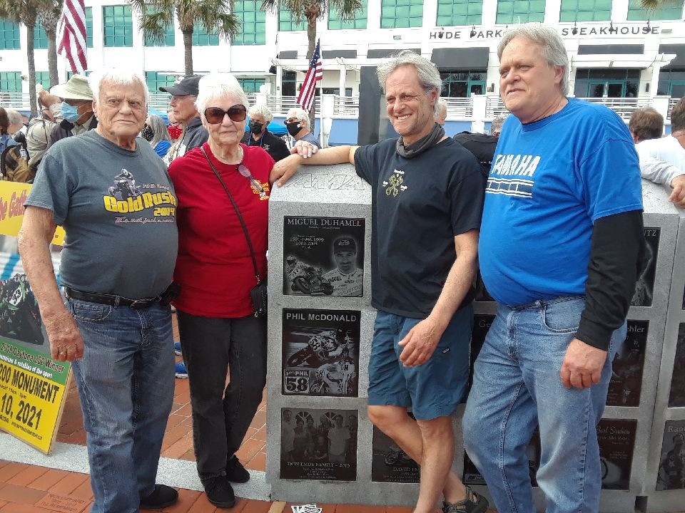 (From left) Norm, Lucy, Sam, and Pat McDonald with the Daytona 200 Monument plaque for the late Phil McDonald. Photo by Roger Lyle.