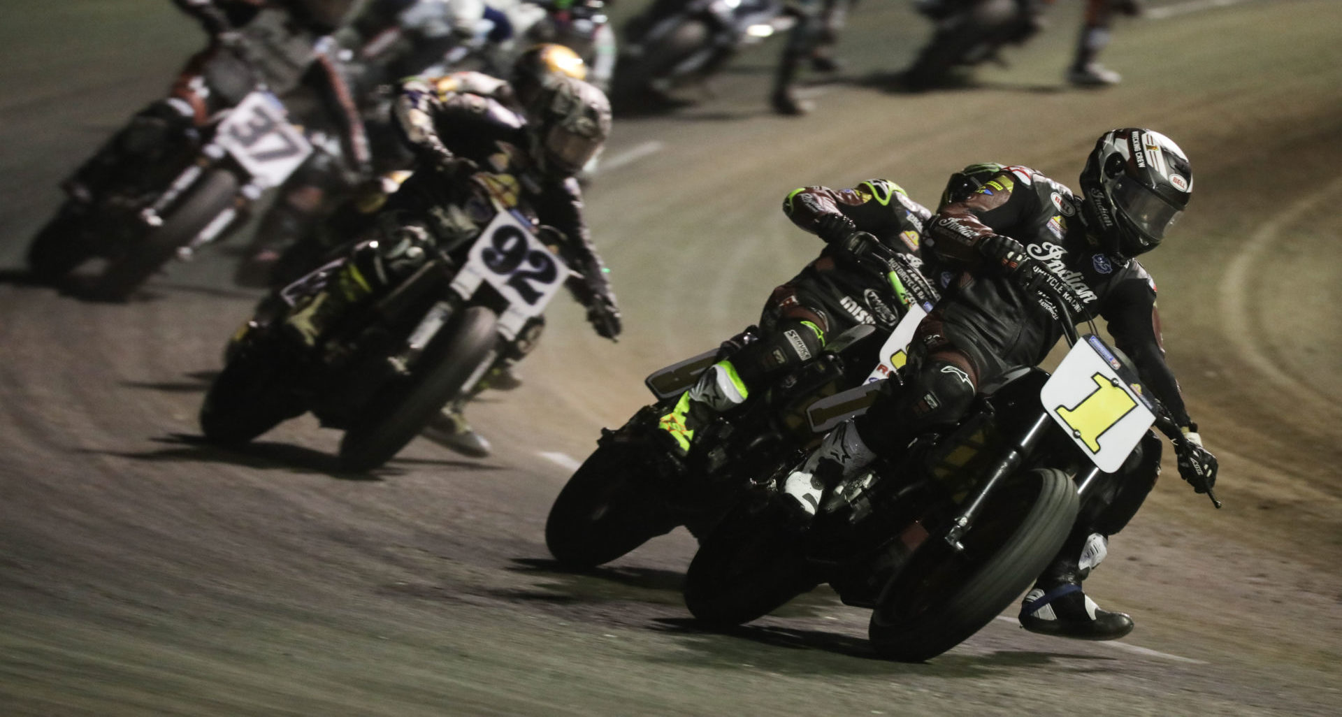 Action from the AFT Mission SuperTwins main event, with Briar Bauman (1) leading, at the Volusia Half-Mile II. Photo by Scott Hunter, courtesy AFT.