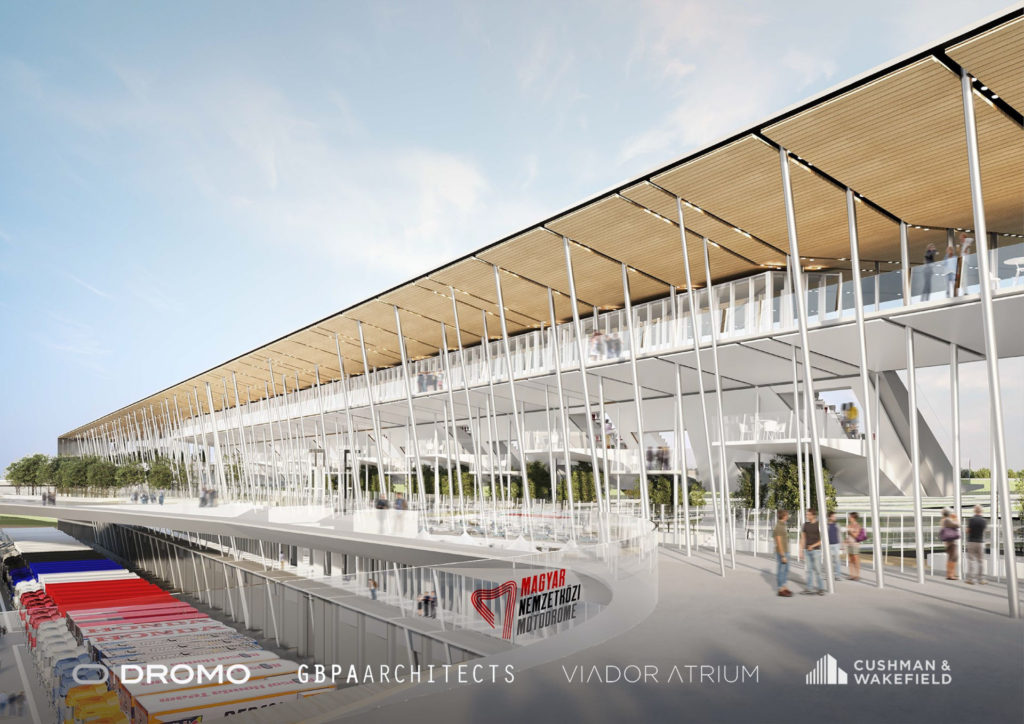 A computer rendering of Dromo's submitted design for the Magyar Nemzetközi Motodrome in Hungary shows the back of the main grandstand/paddock garage complex. Image courtesy Dromo.