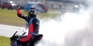 Brandon Paasch celebrates after winning the 79th Daytona 200 Photo by Rick Hentz/Ricks Pics.