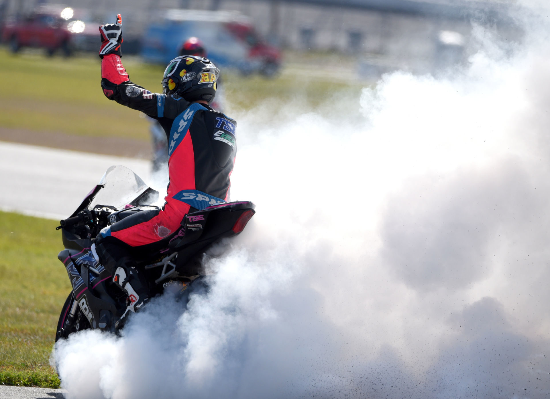 Brandon Paasch celebrates after winning the 79th Daytona 200 Photo by Rick Hentz/Ricks Pics.