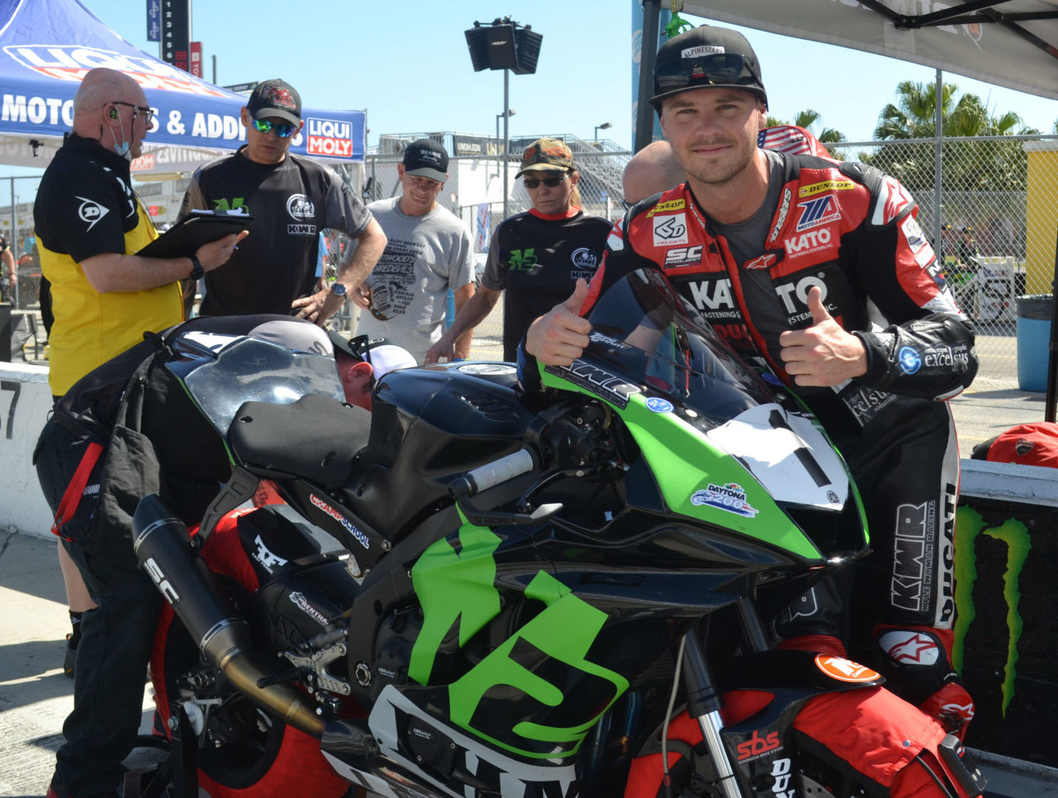 Kyle Wyman with his N2 Track Days Yamaha YZF-R6 on pit lane at Daytona International Speedway. Photo by David Swarts.