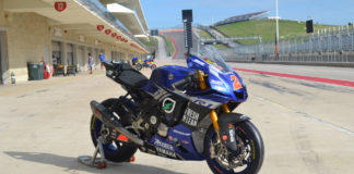 Josh Herrin's Fresh N' Lean Attack Performance Yamaha YZF-R1 positioned on pit lane at COTA for promotional photos. Photo by David Swarts.