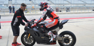 Loris Baz on his Warhorse HSBK Racing Ducati New York Panigale V4 R on pit lane at COTA. Photo by David Swarts.