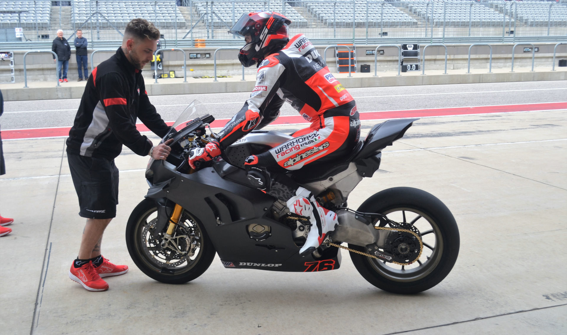 Loris Baz on his Warhorse HSBK Racing Ducati New York Panigale V4 R on pit lane at COTA. Photo by David Swarts.