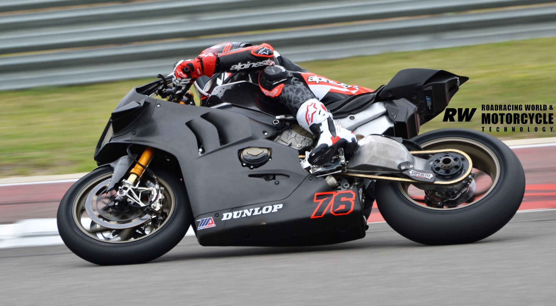 Loris Baz (76) at speed during MotoAmerica Superbike/Stock 1000 test session two at COTA. Photo by David Swarts.