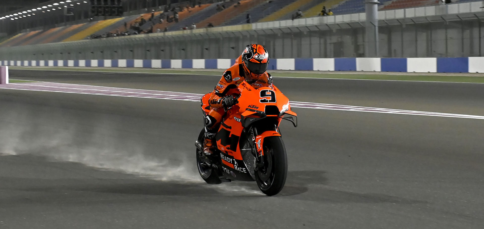 Danilo Petrucci (9) was quickest MotoGP rider on Friday in Qatar, but a sandstorm kept most riders off track and brought a pre-mature end to testing. Photo courtesy Tech 3.