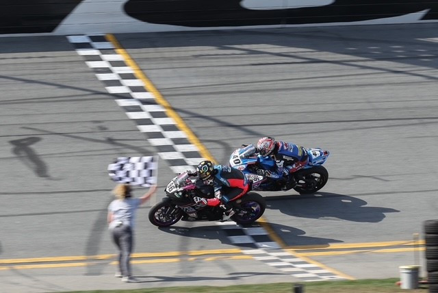 Brandon Paasch (96) beat Sean Dylan Kelly (40) by 0.03 second to win the 79th Daytona 200. Photo by Brian J. Nelson, courtesy Daytona International Speedway.