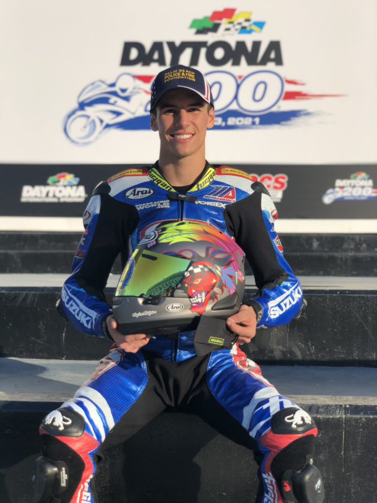 Sean Dylan Kelly with the special Arai Corsair X he won for capturing pole position for the 79th Daytona 200. Photo by Brian J. Nelson.