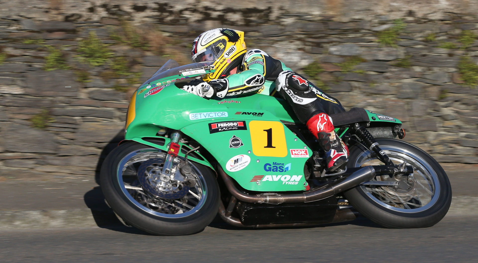 John McGuinness (1) in action during the 2016 Classic TT on the Isle of Man. Photo courtesy Classic TT Press Office.