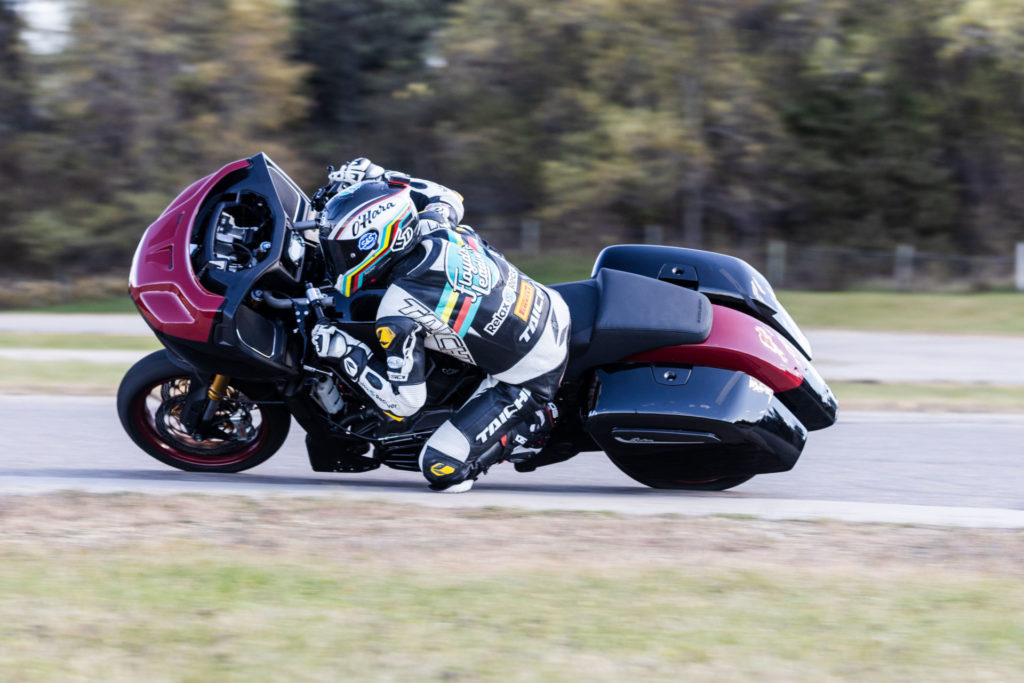 S&S Cycle's Indian Challenger provides plenty of knee-dragging ground clearance. Photo courtesy S&S Cycle and MotoAmerica.