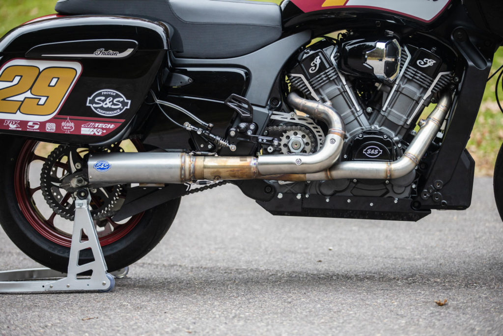 High and tight. The S&S Cycle exhaust and billet aluminum ignition case cover keep the hard parts off the deck. Photo courtesy S&S Cycle and MotoAmerica.