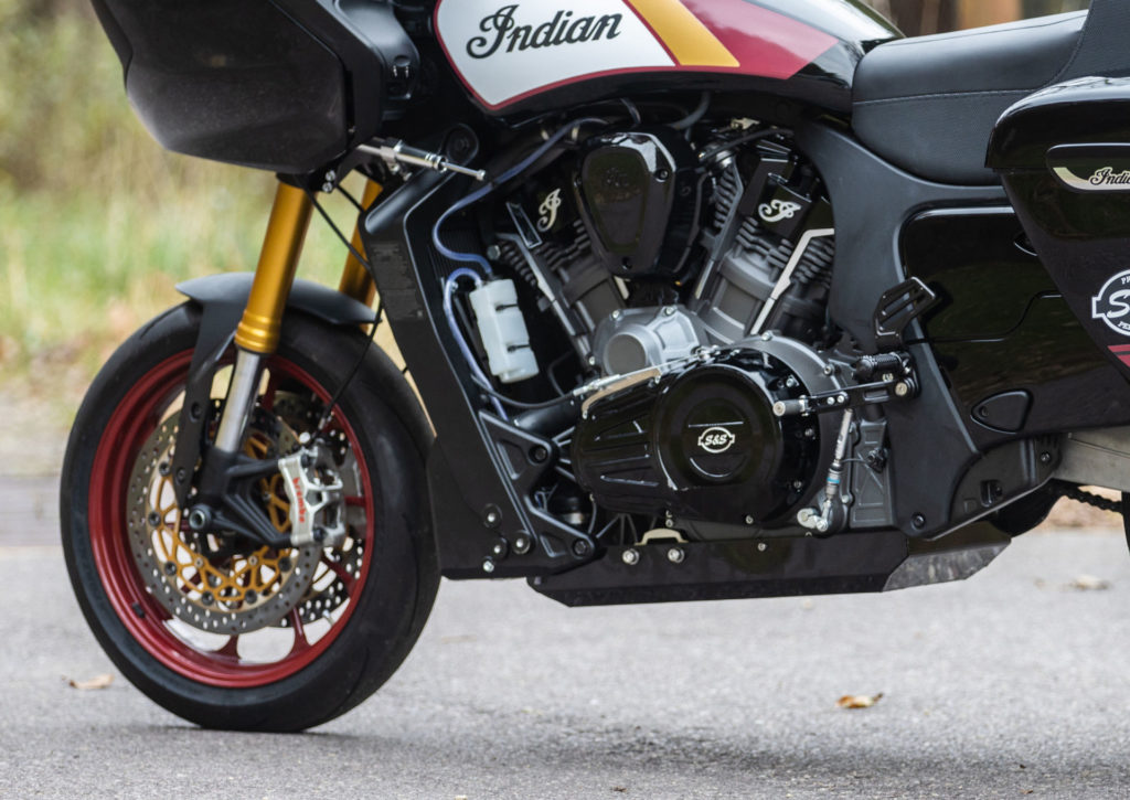Adjustable billet rearsets and Brembo brakes make the S&S Indian Challenger a winning Bagger. Photo courtesy S&S Cycle and MotoAmerica.